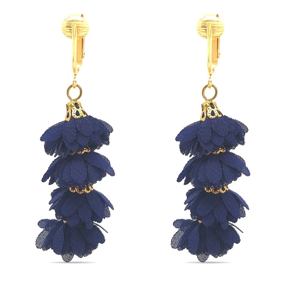 Navy Blue & Gold Bohemian Clip On Tassel Earrings